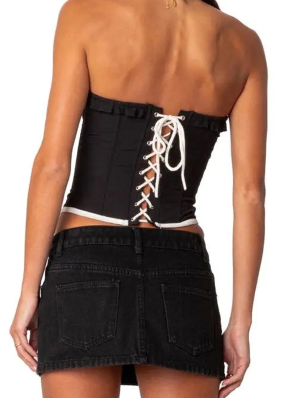 Edikted Black Strapless Lace-Up Corset Top with White Trim | Size Small